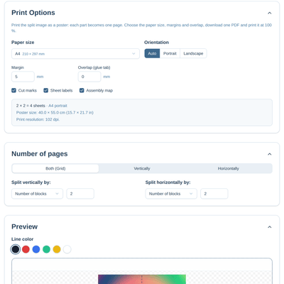 Print Image on Multiple Pages interface with the page grid preview and paper options