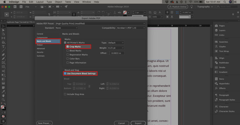 How to export PDF with crop marks in Indesign