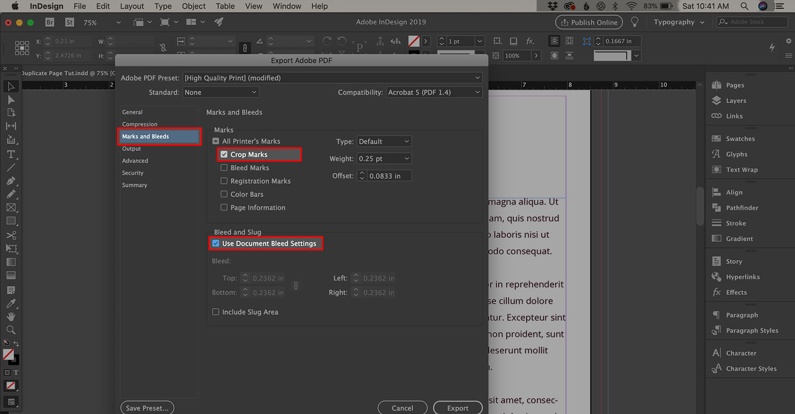 to export with crop marks in Adobe InDesign - imagy